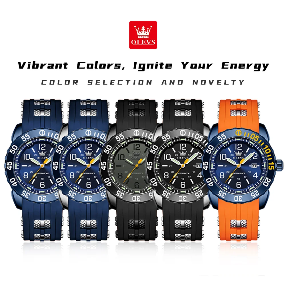 OLEVS 3688 Luxury Watches For Men Fashion Silicone Strap Quartz Man Watch 44mm Big Dial Waterproof Luminous Men's Sports Watches