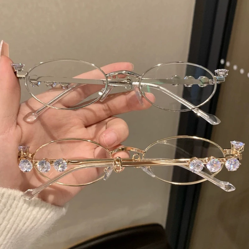 

Retro Rhinestone Eyeglasses Women Bling Small Oval Shades Eyewear Metal Frames Anti Blue Light Reading Glasses Uv400
