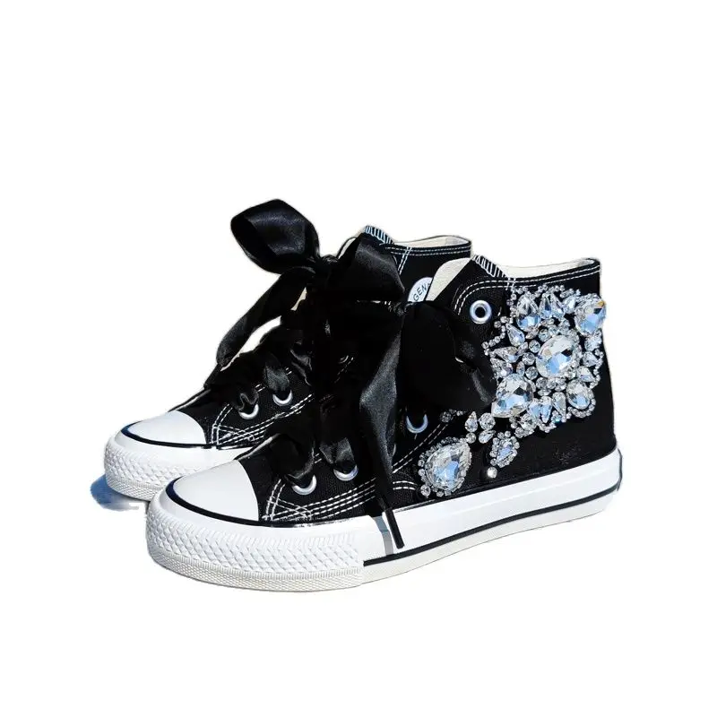 

Women's Casual Shoes High-top Canvas Shoes Lace-up Shoes for Women Black Big Diamonds Student Pretty Fairy Sneakers 43 44