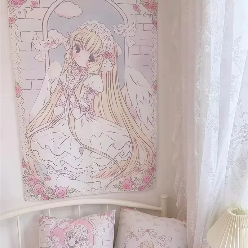 VIKAMA Niedlicher Engel-Wandteppich in Rosa-Weiß als Wanddekoration für Schlafzimmer, Wohnzimmer, Studentenzimmer und Anime-Fan-Räume – Detail 4