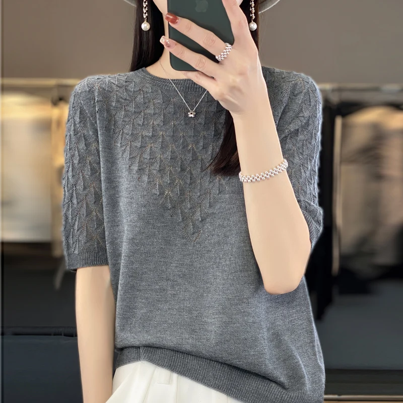 Women's T-shirt Summer New Style Imitation Wool Short Sleeve Women's Round Neck Knitted Pullove Tank Top Women's Wool Tees