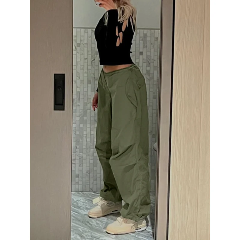Women Drawstring Cargo Pants Y2K Harajuku Loose Wide Leg Streetwear Joggers Pants Female Hip Hop Solid Color Oversize Trousers