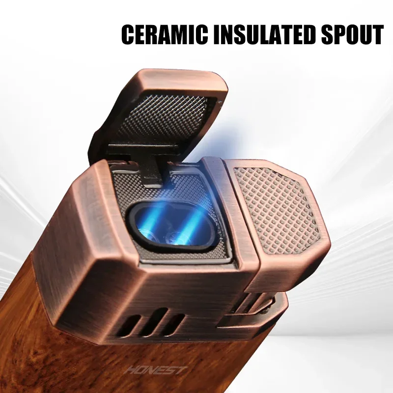 HONEST Double Blue Flame Cigar Lighters V-Shaped Sharp Cigar Cutter Design Visual Gas Window Tools