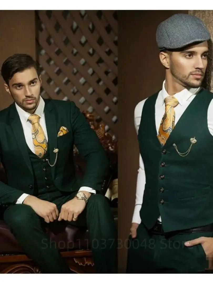 Dark Green Men Suits Slim Fit Smart Casual Wedding Dress Notch Lapel Jacket Vest Pants Groom Tuxedos for Business 3 Piece Sets