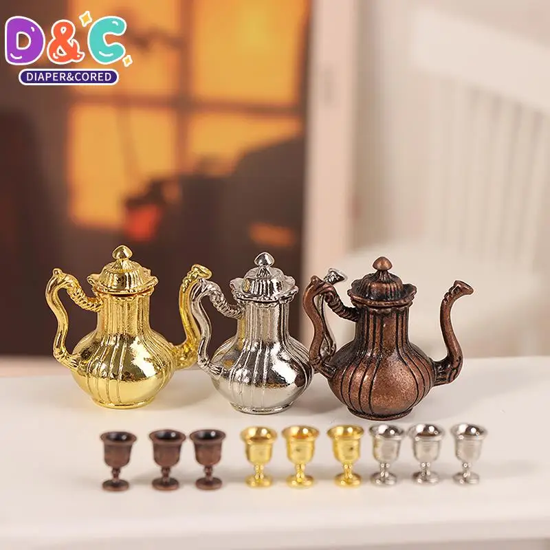 

4Pcs/Set 1/12 Dollhouse Miniature Metal Teapot Wine Pot Set For Dollhouse Decoration