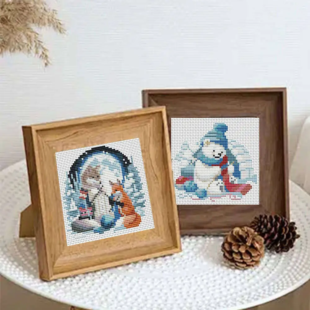 12Pcs 겨울 크로스 스티치 세트 개 동물 11Ct 인쇄 패브릭 자수 키트 늑대 바느질 장식 그림 벽 스티커