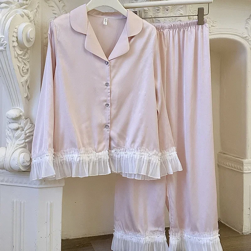 طقم بيجامة حرير نسائي دانتيل كم طويل