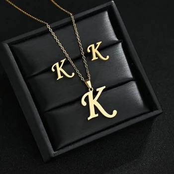 fashion stainless steel a z alphabet initial necklace 26 english letter earrings necklace for women set personalize jewelry gift