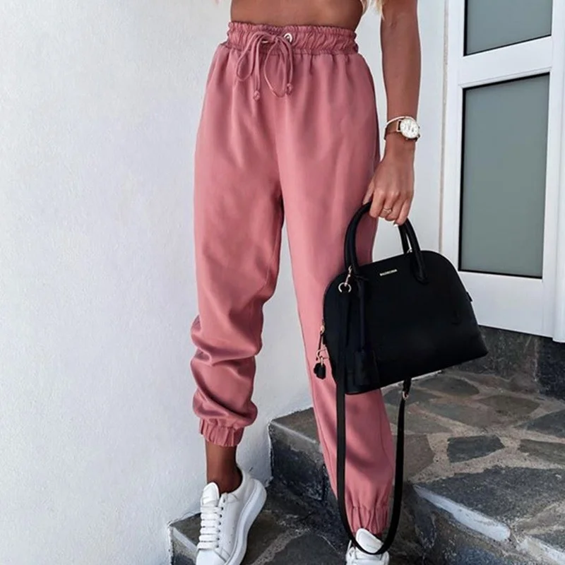 Women Drawstring Pink Khaki High Waist Long Pants 2021 Casual Solid Pant New Summer Female Pocket Elastic Waist Trousers Bottoms