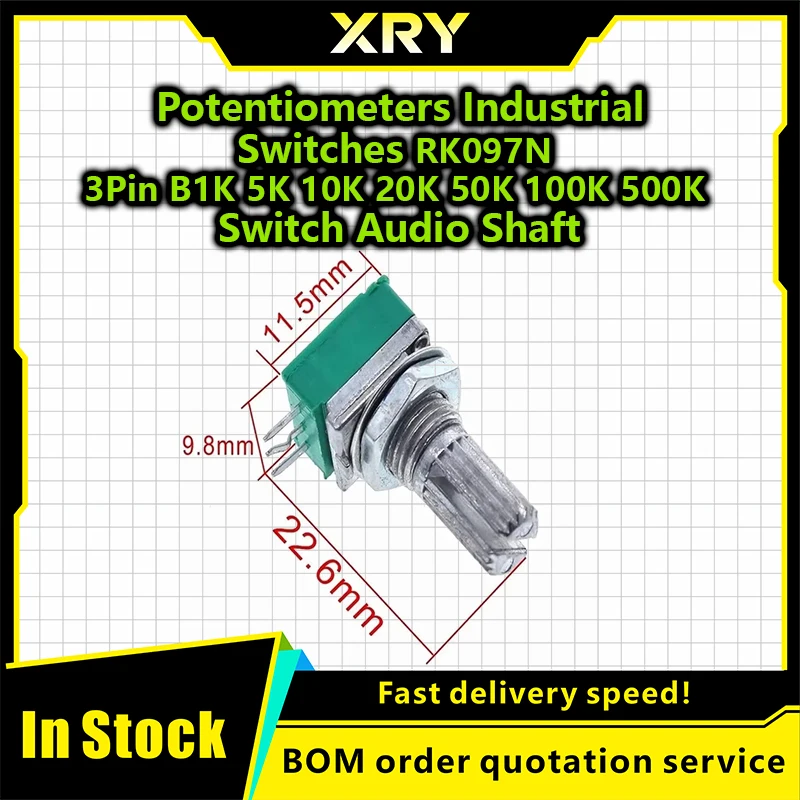 XRY Potentiometers Industrial Switches RK097N 3Pin B1K 5K 10K 20K 50K 100K 500K Switch Audio Shaft 15mm Amplifier Sealing 5Pcs