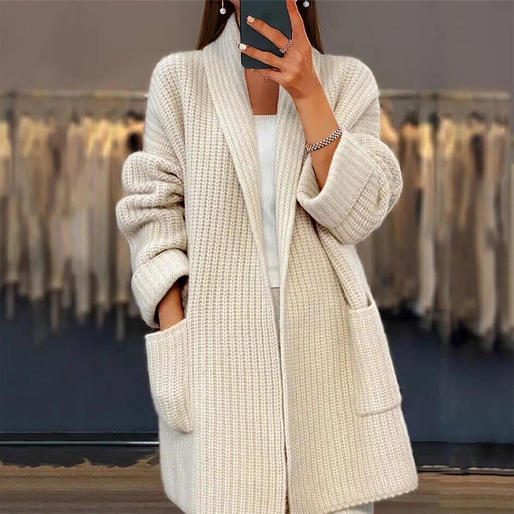 

Autumn Winter New Relaxed Lazy Style Pockets Solid Color Fashion Sweater Jacket Cardigan Long Sleeve Sweater Coat Women