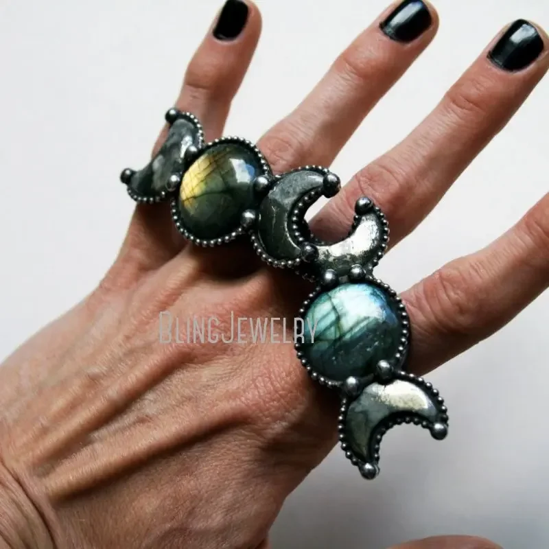 10pcs Labradorite Pyrite Crescent Moon Statement Ring Halloween Goth Gothic Retro Stainless Steel Boho Women Jewelry Cool Stuff