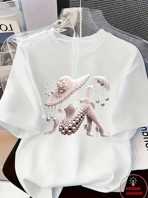 Women's Printed T-Shirt Pearl Diamond Jewelry Women's Design Casual Round Neck Short-sleeved Top Urban Style Printed T-Shirt 4