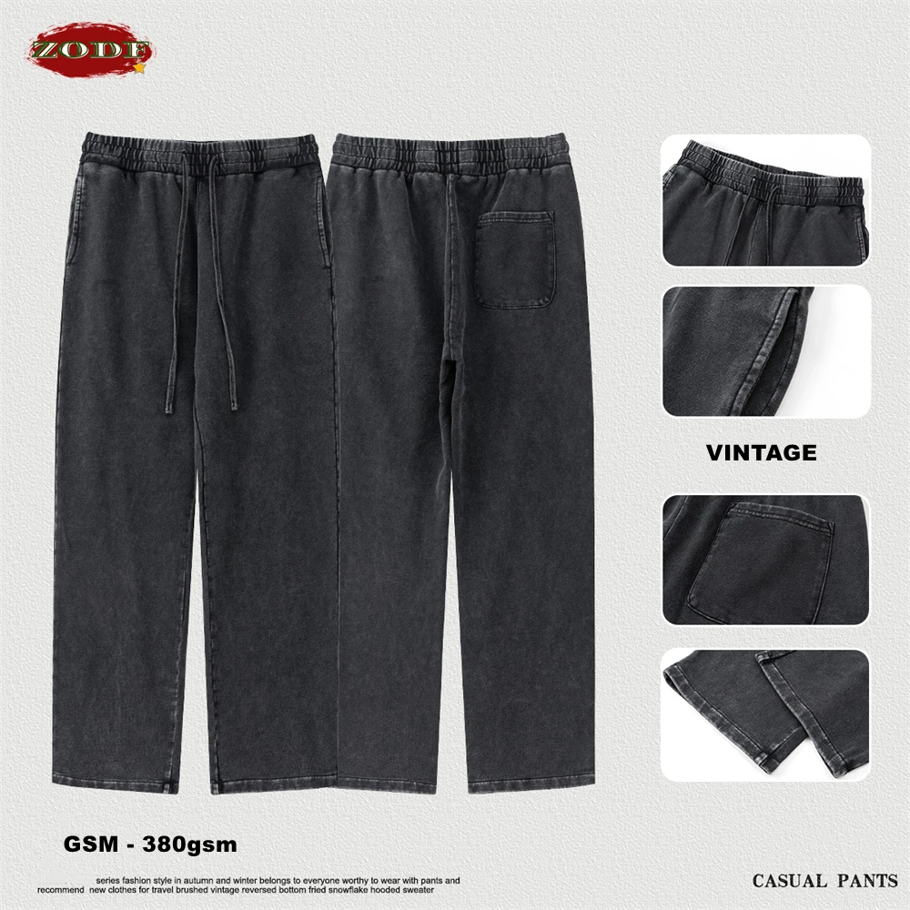 ZODF Retro 2024 Men Autumn Washed 380gsm Cotton Pants Unisex High Street Basic Oversized Solid Sport Straight Trousers HY0885 6