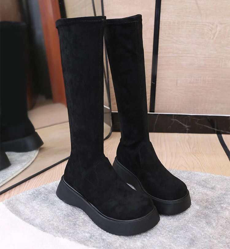 Damen stiefel elastische schwarze Schuhe mit mittlerem Absatz für