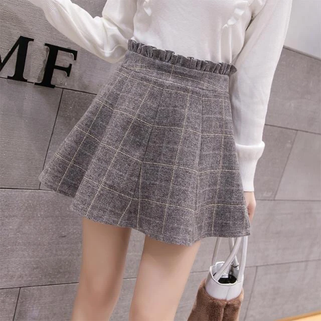 Spring Autumn Printed Short Skirt Half Skirt A-line Skirt Lotus Leaf Waist Women's Plaid Bag Hip High Waist Versatile Black brown skirt