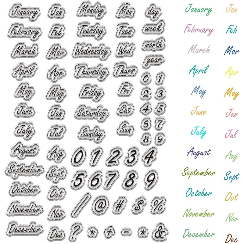 Word Clear Stamps 1Sheet Date Month Number Reusable Postmark Transparent Silicone Stamp Seals for Journaling Card Making Decor