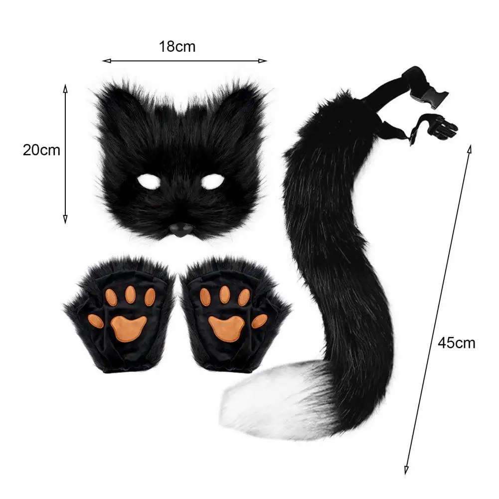 Fluffy Fur Fox Tail Cat Paws Gloves Wolf Mask Set Masquerade Handmade Halloween Cosplay Costume Accessories