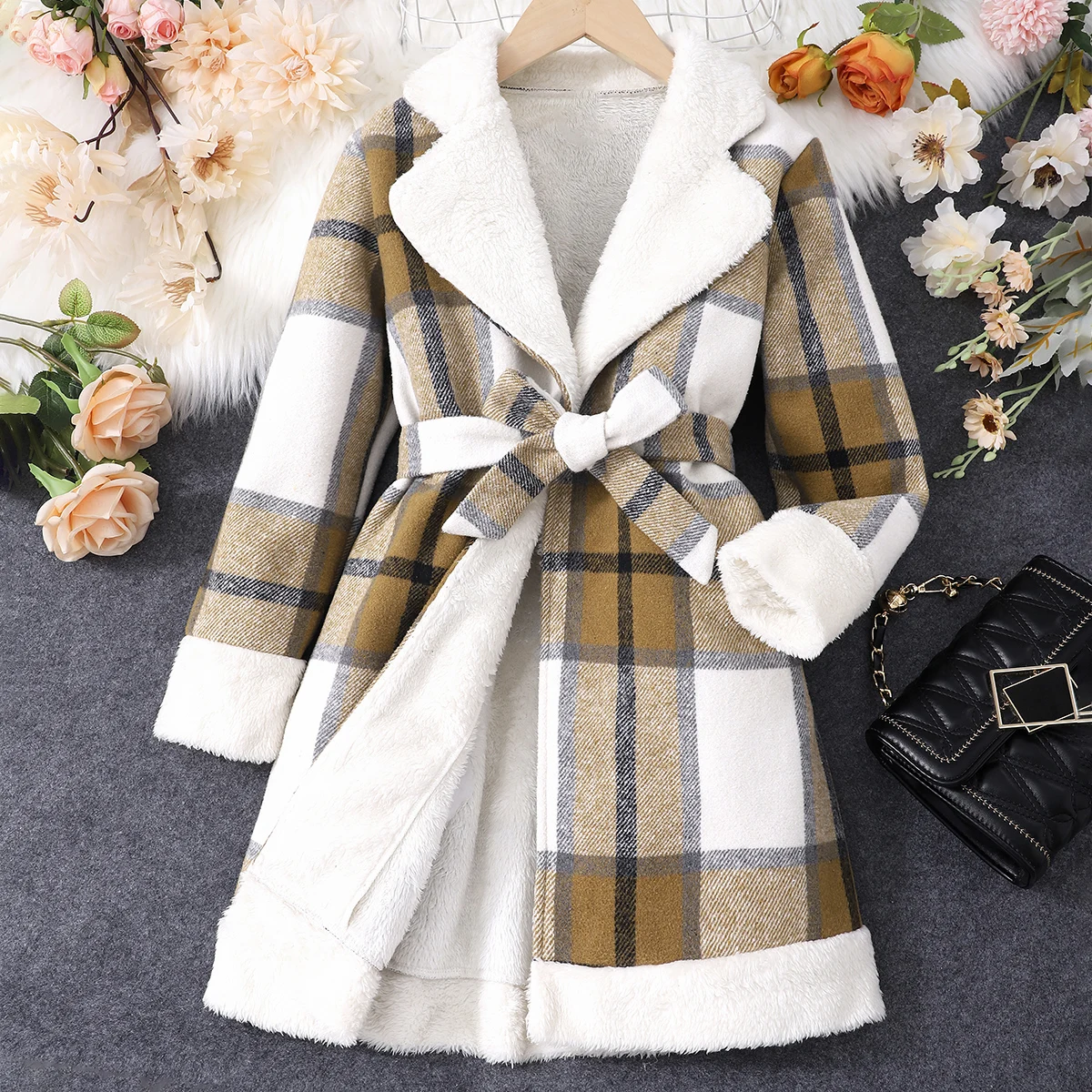 2023 Winter Big Girl Long Sleeve Suit Collar Plaid Plush Coat Fashion Casual Soft Cotton Winter Children Top 8 9 10 11 12 Years