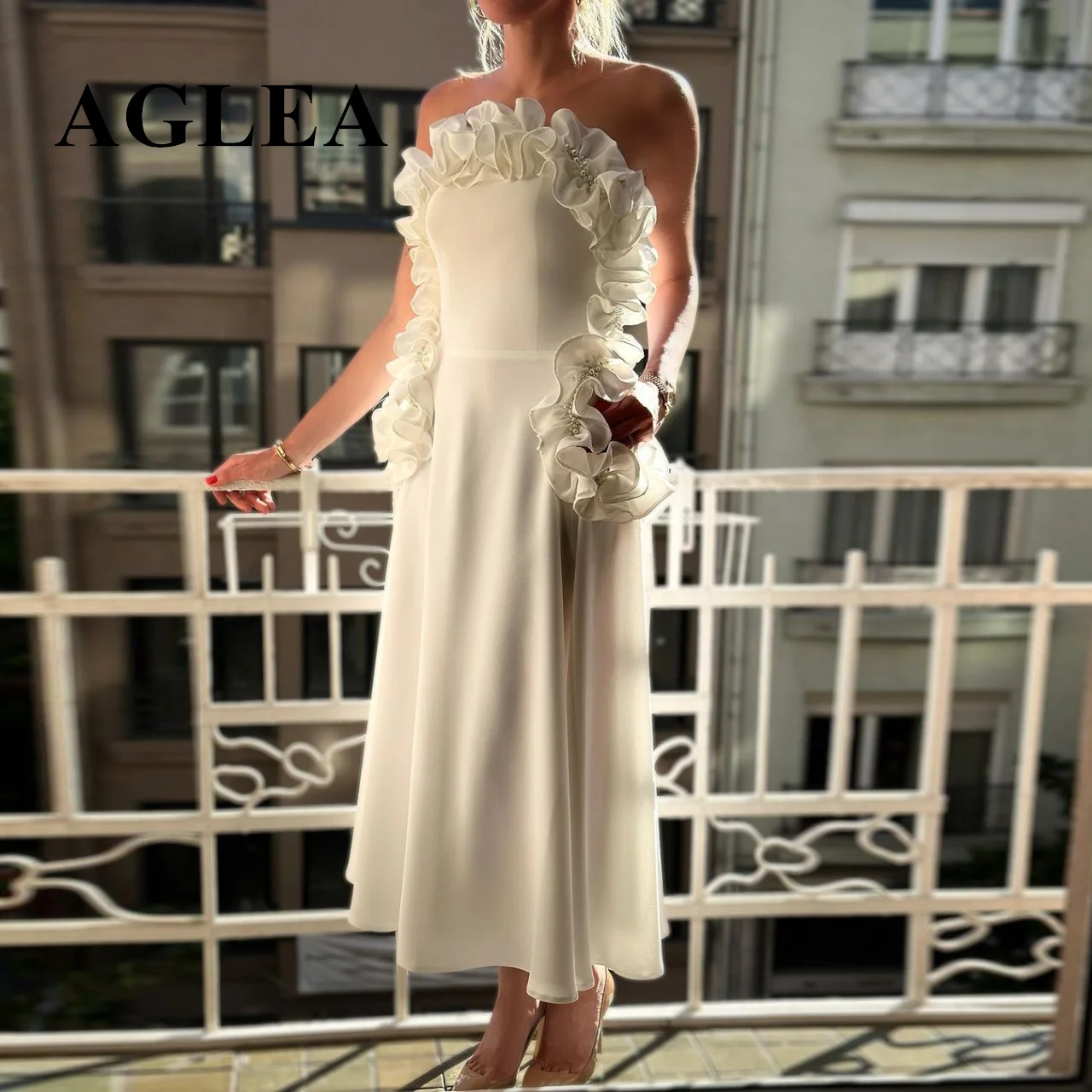 

AGLEA 2023 Ruffles Beads Strapless Homecoming Dresses A-Line Ankle-length Elegant Formal Prom Dress 2023 Modern Girl Party Gown