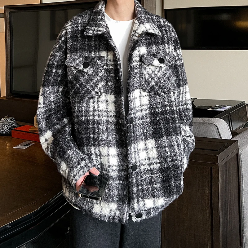 

2023 Winter Men's Loose Lattice Printing Jacket Korean Style Thicken Coats Fashion Trend Black/Green Color Outerwear M-3XL