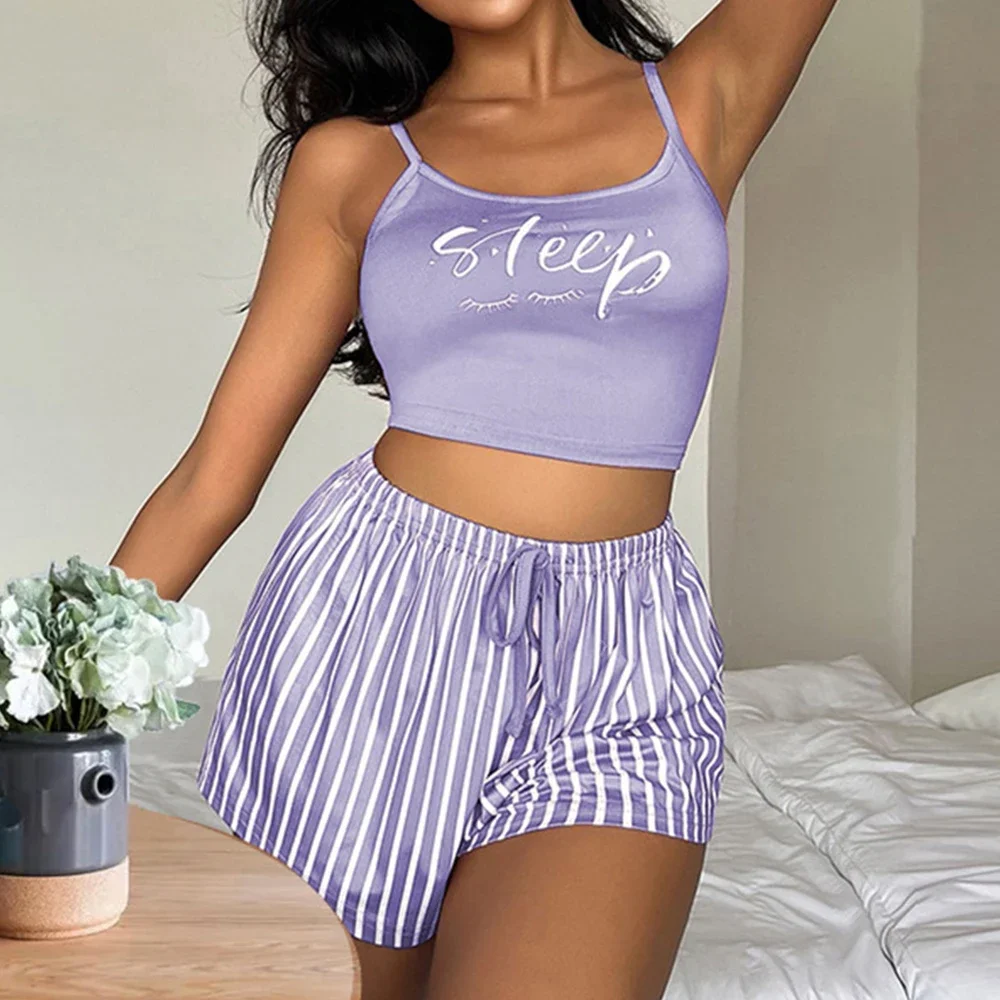Striped Tank Top Shorts Pajamas Sets for Women Summer Sleepwear Pyjamas Set Camisole and Shorts Ladies Cute Nightwear Loungewear