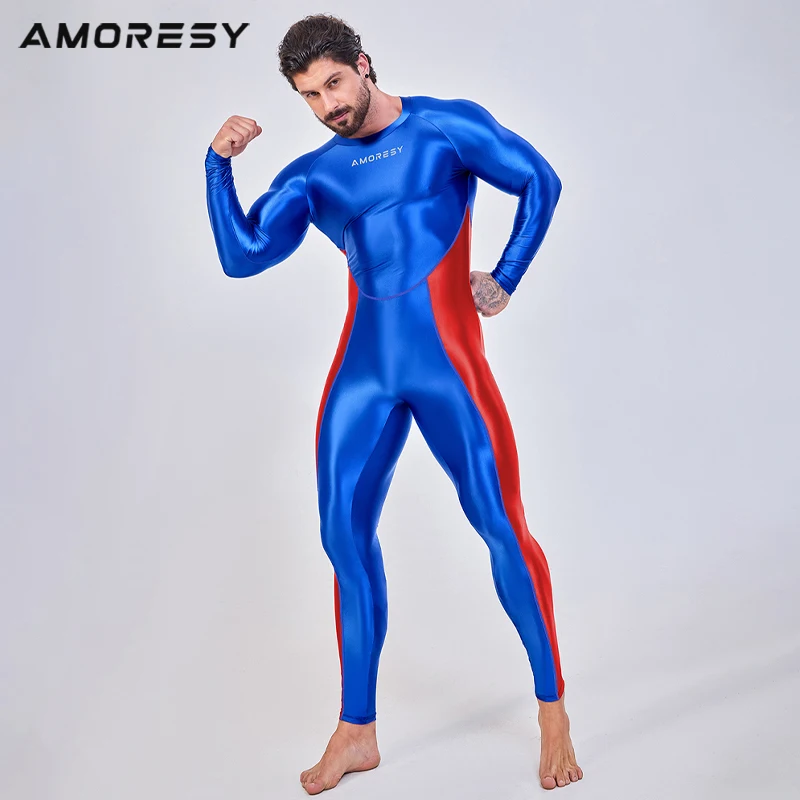 AMORESY Men Sexy Smooth One Piece Bodysuit Running Fitness Catsuit Stretch Cosplay Bodystocking Spandex Overall Zentai Jumpsuits 5