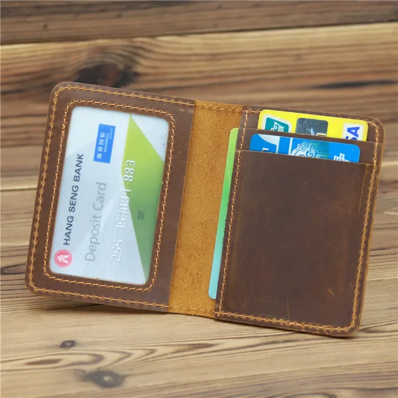 

Men's Leather Card Wallet Vintage Brown Credit Card Holder Waxed Cow Leather Wallets Simple Design Two Folded Mini Money Clips