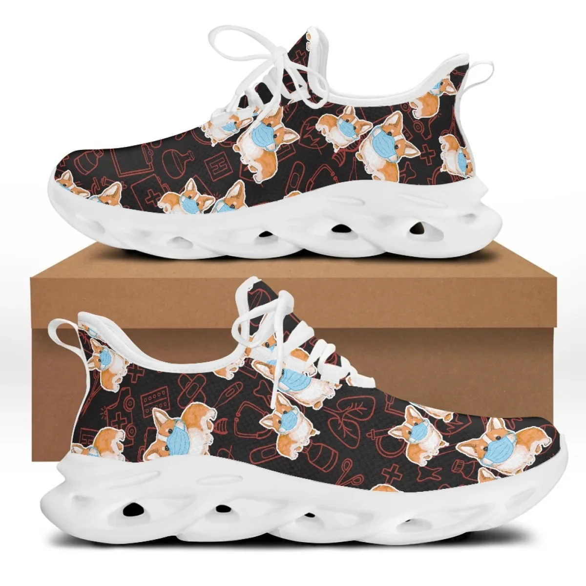 

Yikeluo Casual Sneakers for Women Nurse Dog Medical Equipment Print Light Mesh Swing Shoes Female Lace Up Platform Footwear