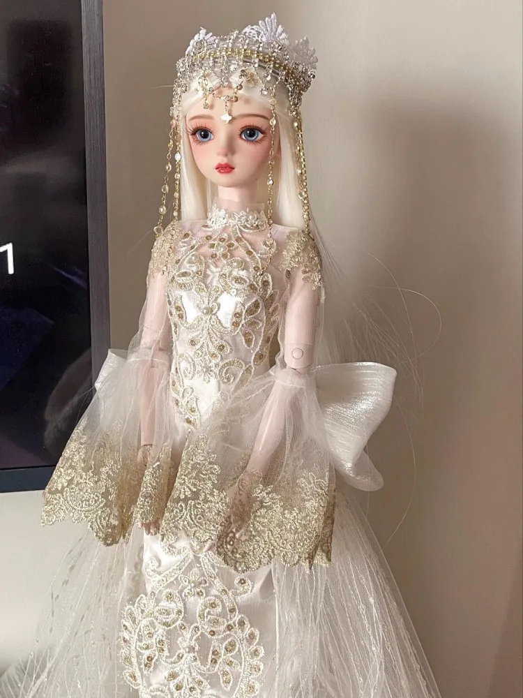 

2023 New 1/3 Bjd Doll 60cm High End Gold Thread Embroidery White Wedding Dress Bride Doll With Makeup Full Set Gift For Girls