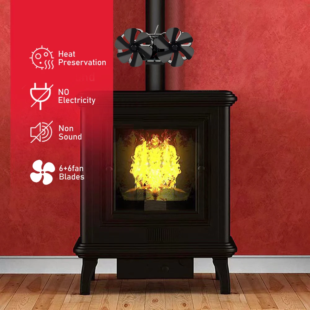 Fireplace Fan 12-Blade Heat Powered Stove Fan Double Wall Mounted Log Wood Burner Eco-fan Quiet Warm Household Heat Distribution