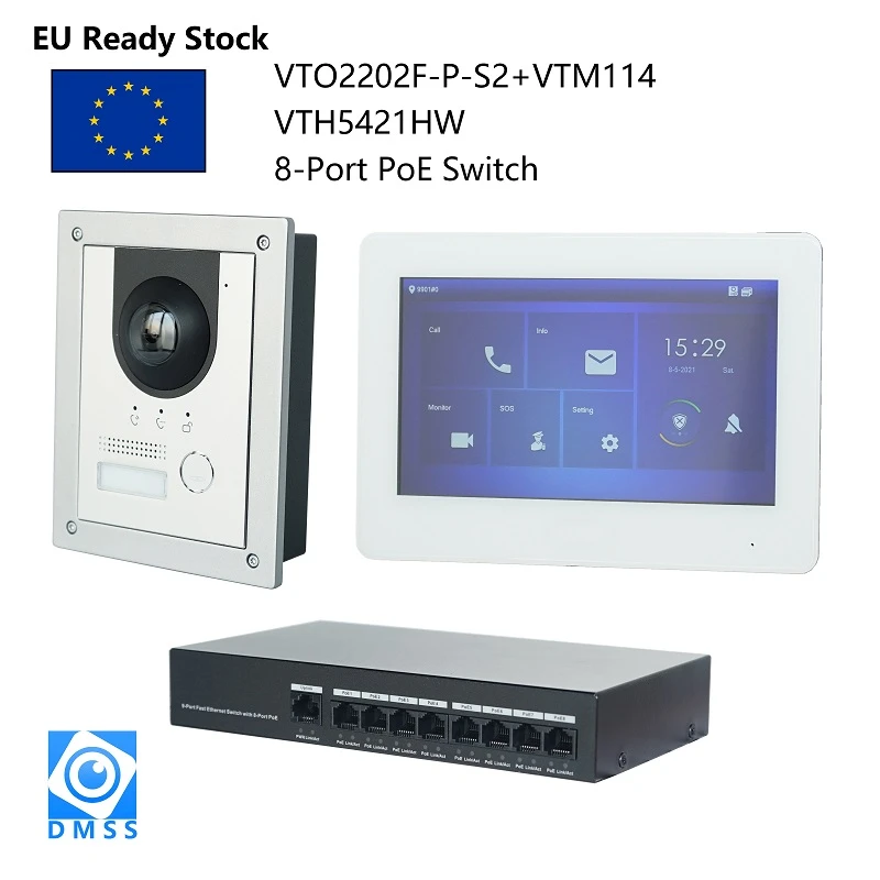 apartment intercom system DH Multi-Language IP Video Intercom KIT,include VTO2202F-P-S2 / VTO2201F-P & VTH5421HW / VTH5421HB & PoE switch , SIP firmware video entry system