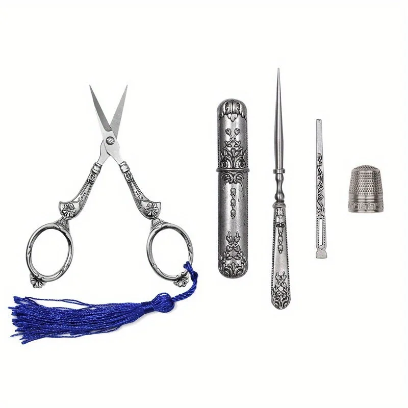 

5pcs/set Exquisite Vintage Scissors Set Sewing Scissor Awl Threader Thimble Needle Storage Case Sewing Kit DIY Embroidery Tool