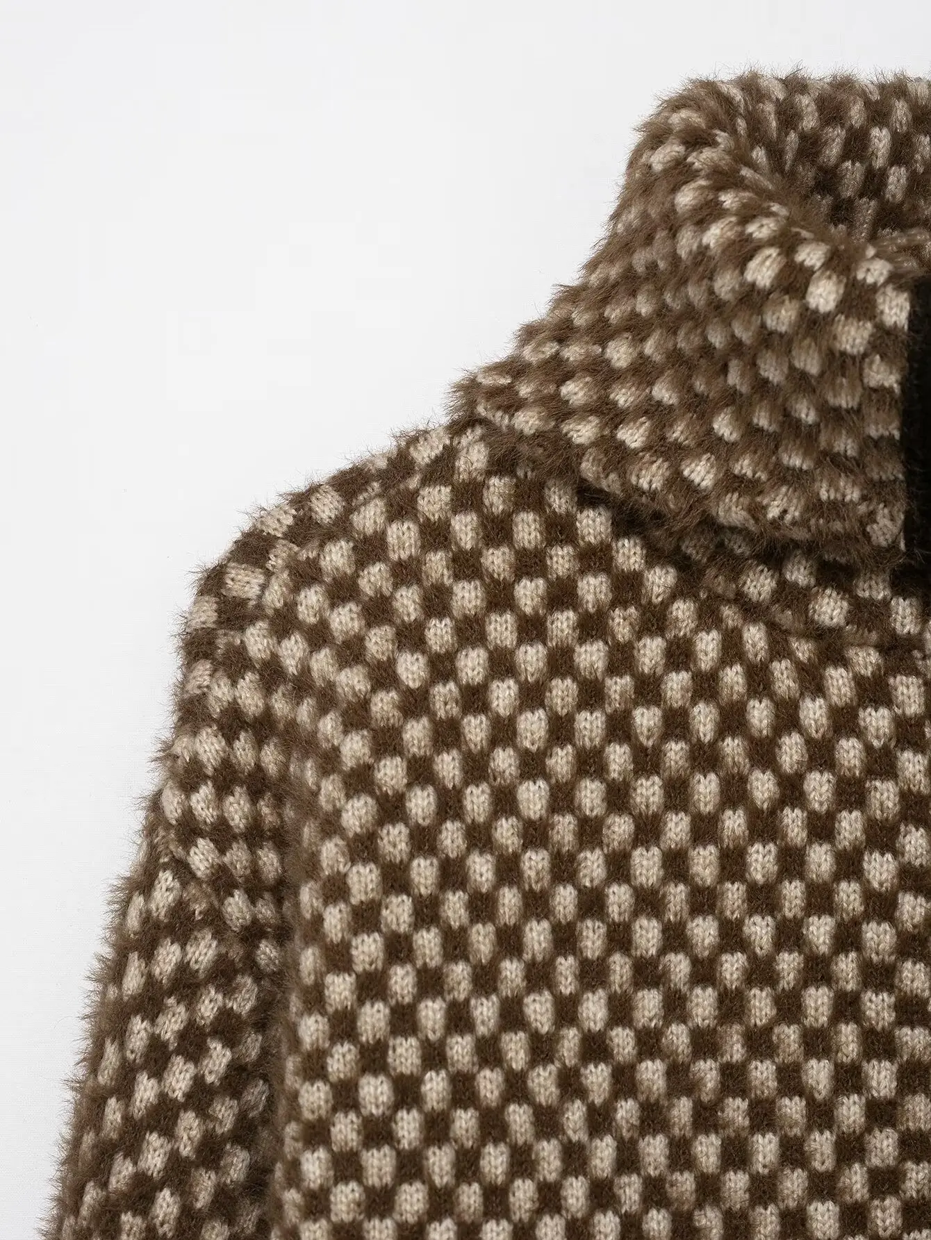 Women Thousand Bird Plaid Short Jacket Female High Collar Artificial Fur Effect Zipper Jacket Lady Long Sleeve Jacket Streetwear