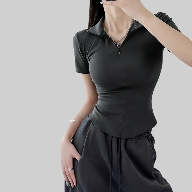 

Women T Shirt Thin Slim Elasticity Solid Color Zipper Fashion Crop Top Vintage Casual Comfy Short Sleeve 2024 Spring