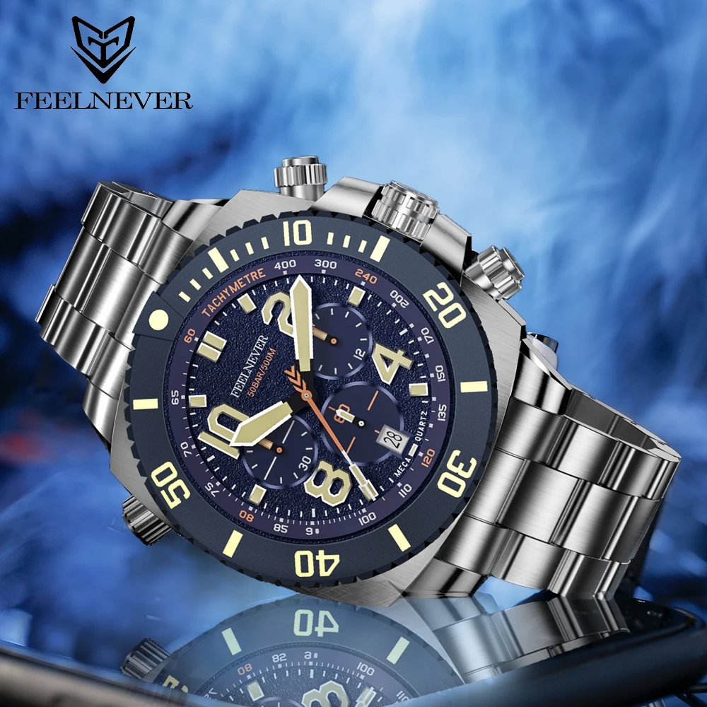 

FeelNever Diving Quartz Watch For Men 316L Stainless Steel Sapphire Big Dial Mens Watches 50Bar Waterproof 3C Clock Reloj Hombre