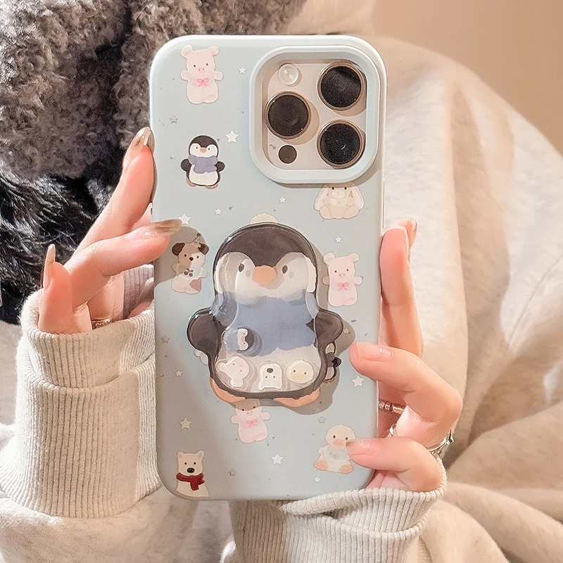 Cute 3D Penguin Rabbit Shake Doll Phone Case For iPhone 16 15 13 14 12 Pro Max 16 Plus Soft TPU Silicone Back Cover