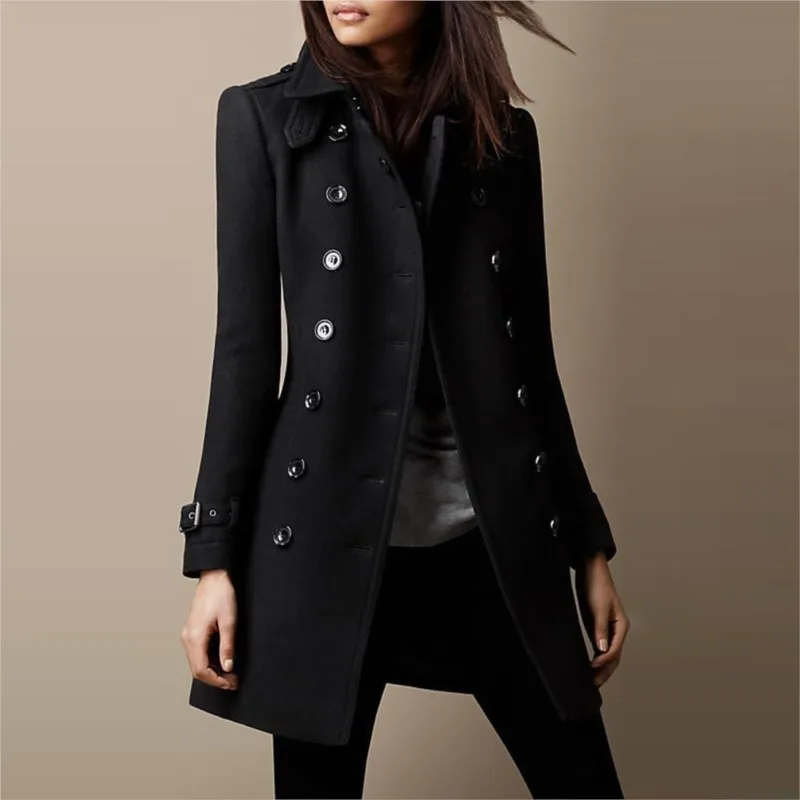 Autumn Winter Turn-down Neck Woolen Jacket Coat Women Fashion Black Long Sleeve Double Breasted  Loose Wool Coats Streetwear 4