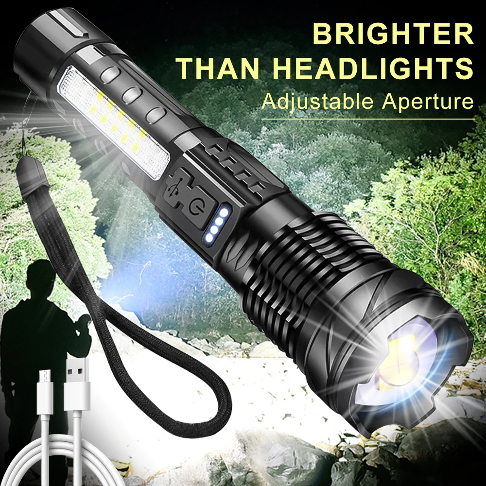 Zoomable Super Bright Flashlight 30W 7Mode COB LED Tactical Flashlight Portable Rechargeable Outdoor Lamp Built in Battery 1