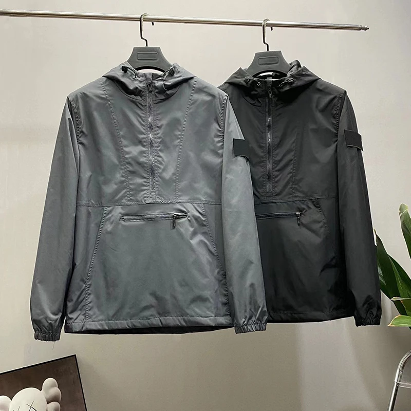 

Men's Half Zip Pullover Hooded Jacket Spring Autumn Outdoor Streetwear Casual Vintage Coat Jaqueta Masculina MA808