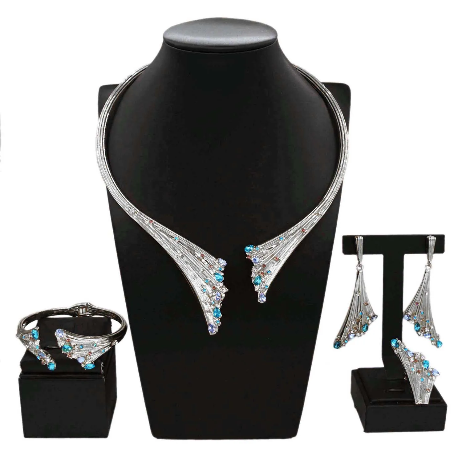Dubai Vergoldet Frau Schmuck Set frauen Luxus Blauen Stein Halskette Armband Ring Set Schmuck Sets Hochzeit Party – Detail 2