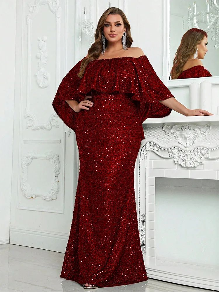 

Plus Size 4XL Off-Shoulder Fishtail Beaded Sparkling Prom Evening Dress Luxury Wedding Banquet Maxi Sparkling Dress for Women