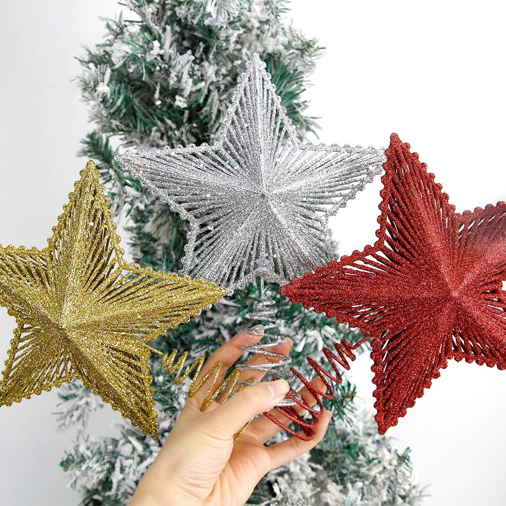 25cm Glitter Hollow Star Christmas Tree Topper – Gold, Silver, Red Tree Decoration for Xmas & New Year Parties