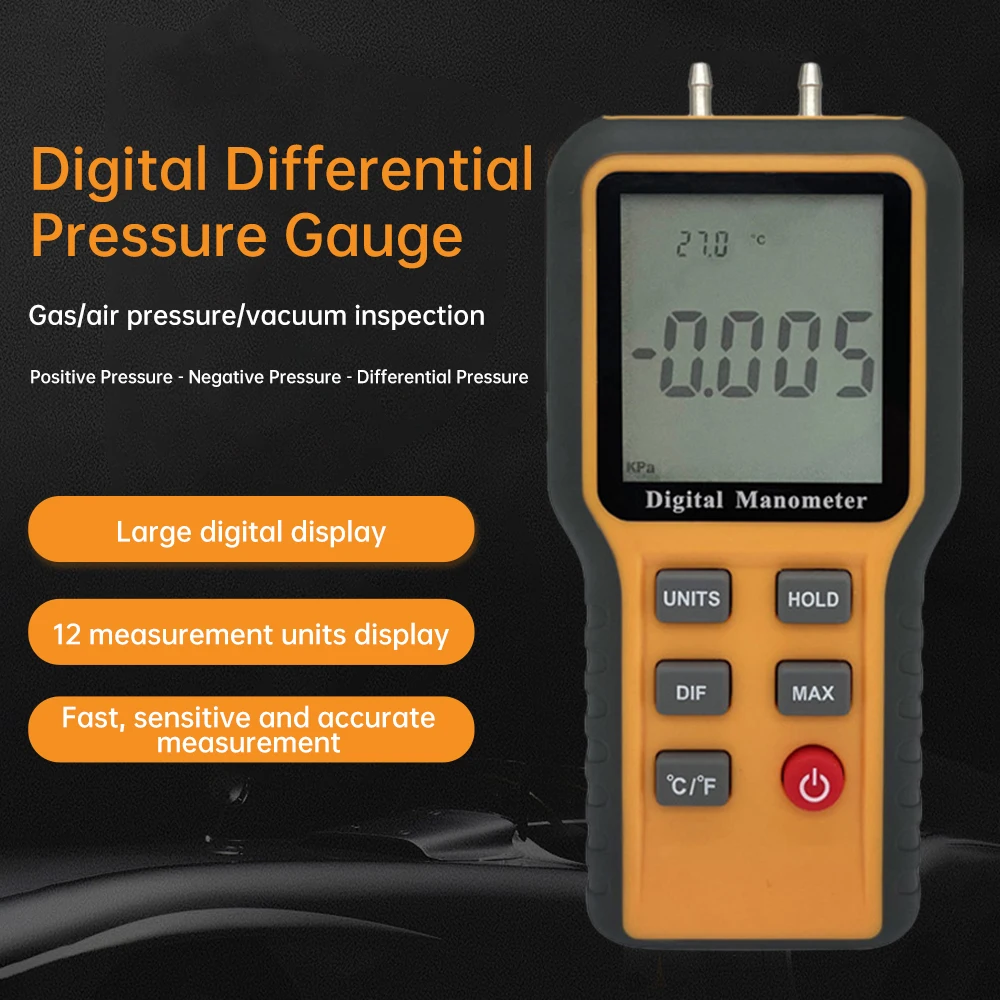 

Digital Manometer LCD Display ℃ ℉ Switchable 12 Pressure Units Adjustable Temperature Tool Pipes Pressure Measuring Device