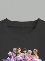 Ensemble 2 pièces pour filles - Tenue de concert K-Pop 2026 - T-shirt graphique noir et pantalon évasé à imprimé personnage pastel pour enfants 5