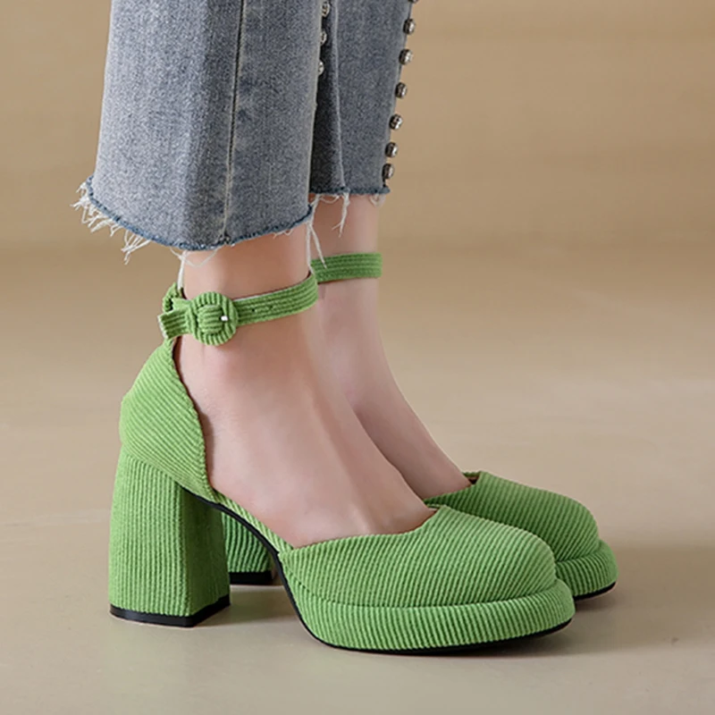 

Green High Heels Pumps Women Autumn Ankle Straps Chunky Platform Mary Jane Shoes Woman Corduroy Thick Heeled Party Shoes