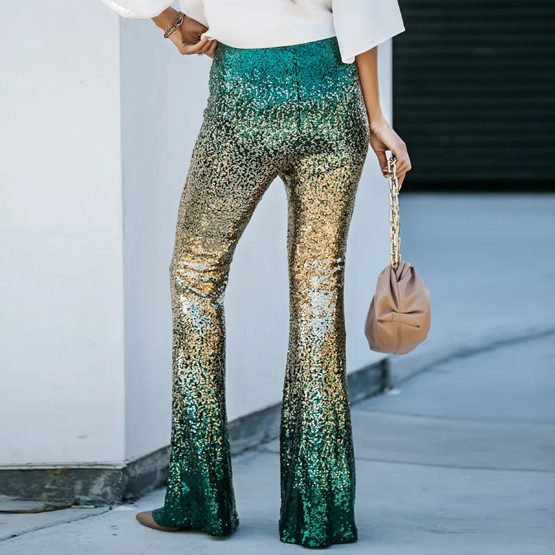 Fasnion Gradient Color Wide Leg Pants For Women's Spring Autumn New High Waisted Slim Fitting Sequin Women's Flared Pants