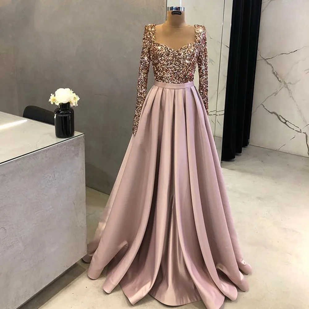 

Elegant Muslim Sequin Evening Night Dresses for Women 2022 Long Sleeves Sweetheart Aline Satin Wedding Prom Formal Party Gowns