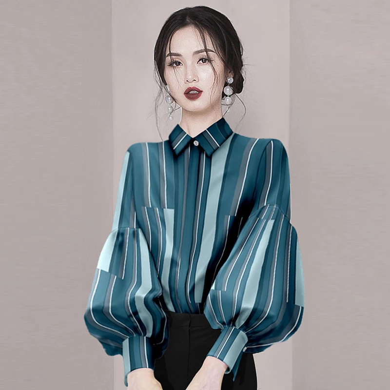 

Chiffon Women's Shirt Solid Vintage Blouses Loose FASHION Spring/Summer 2023 Ladies Elegant Clothing Stripes Long Sleeves Tops