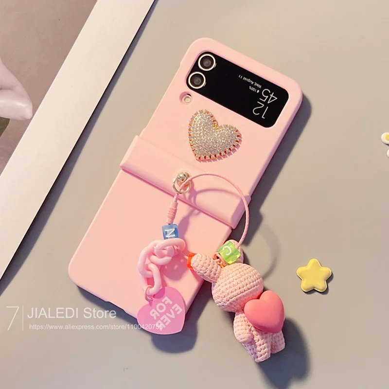 Rhinestone Love Pendant Strap Hinger Phone case For Samsung Galaxy Z Flip 3 4 5 6 flip6 zflip5 Cover